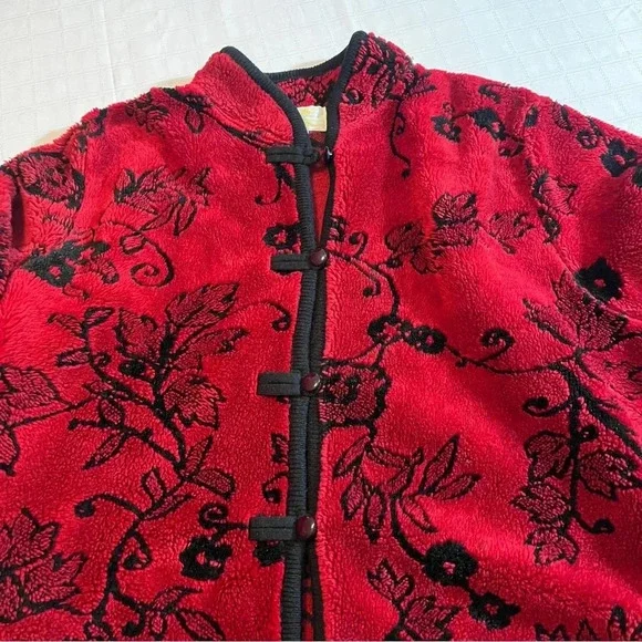 Vintage Tally-Ho Deep Red Floral Leaves Jacket Kimono Style Button Down Small - Picture 3 of 9